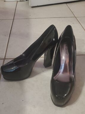 BAMBOO Black Patent Platform Block Heel Pumps